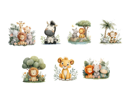 Safari-Tier-Cliparts in Aquarell, niedliche Safari-Tiere (PNG), Babyparty, Dschungelzoo (PNG), Baby- und ausgewachsene Tiere (PNG), kommerzielle Nutzung