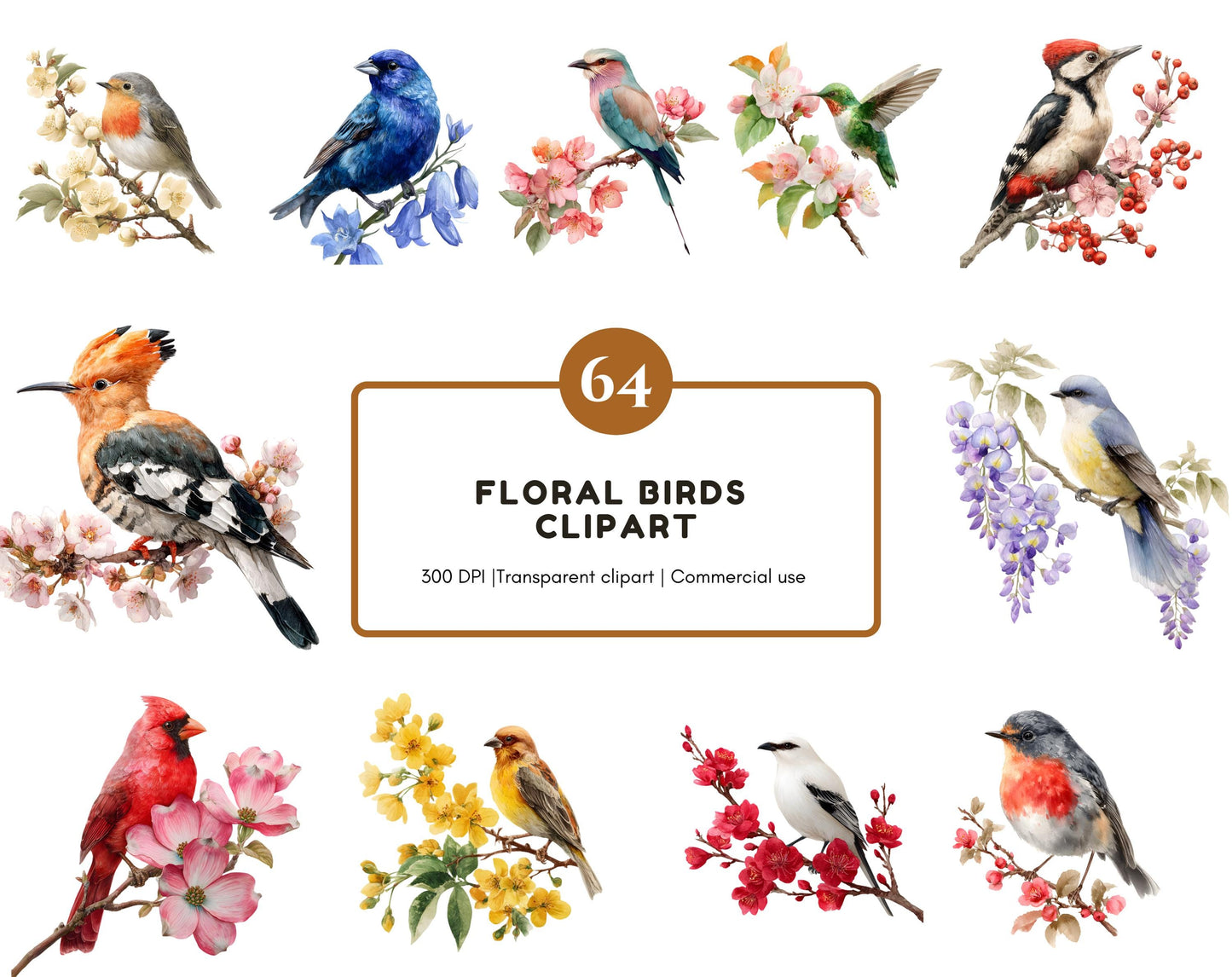 Watercolor Floral Birds Clipart, Bird Clipart Bundle png, Spring Birds Clipart, Blossom, Baby Shower, Commercial Use, Digital Download