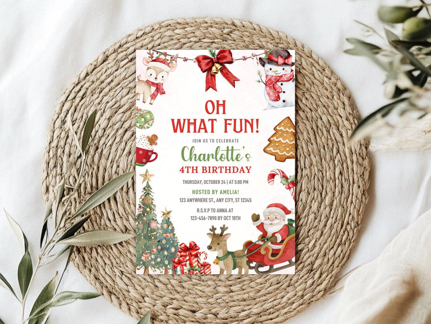 Einladung zur „Oh What Fun“-Weihnachtsfeier, Rosa Weihnachtsfeier-Einladung, Festtagsfeier, Kindergeburtstagseinladung, Digitaler Download