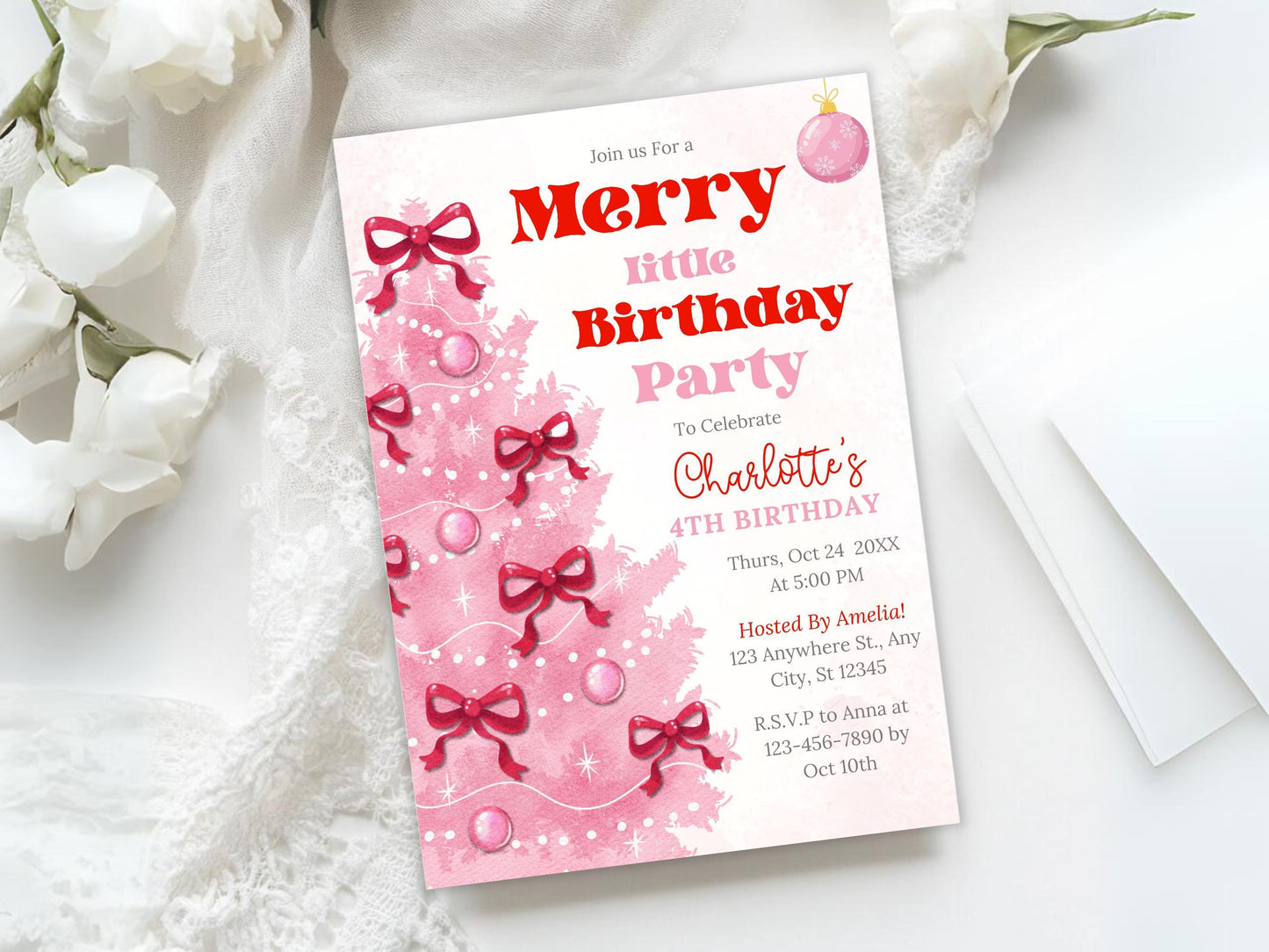 Editable Pink Christmas Merry Little Birthday Girl Invitation, Holiday Party Invite, Pink Coquette Christmas Birthday Invite