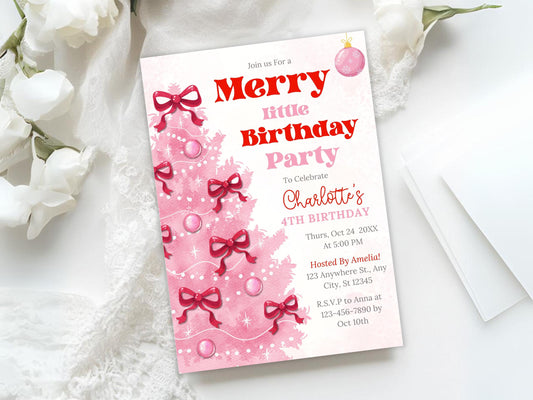 Editable Pink Christmas Merry Little Birthday Girl Invitation, Holiday Party Invite, Pink Coquette Christmas Birthday Invite