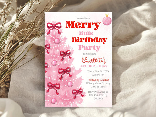 Editable Pink Christmas Merry Little Birthday Girl Invitation, Holiday Party Invite, Pink Coquette Christmas Birthday Invite