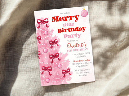 Editable Pink Christmas Merry Little Birthday Girl Invitation, Holiday Party Invite, Pink Coquette Christmas Birthday Invite