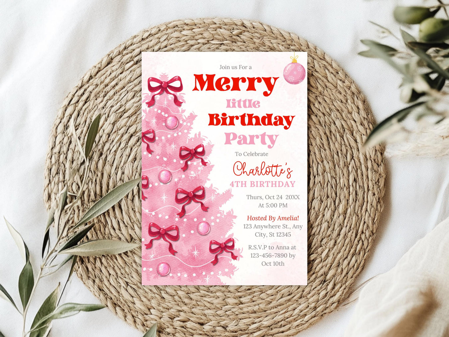 Editable Pink Christmas Merry Little Birthday Girl Invitation, Holiday Party Invite, Pink Coquette Christmas Birthday Invite