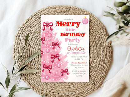 Editable Pink Christmas Merry Little Birthday Girl Invitation, Holiday Party Invite, Pink Coquette Christmas Birthday Invite