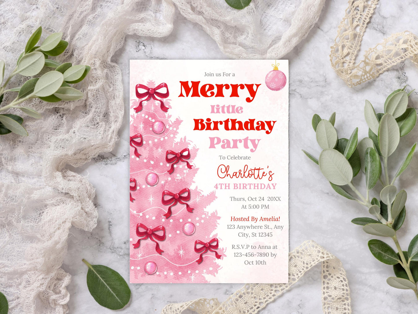 Editable Pink Christmas Merry Little Birthday Girl Invitation, Holiday Party Invite, Pink Coquette Christmas Birthday Invite