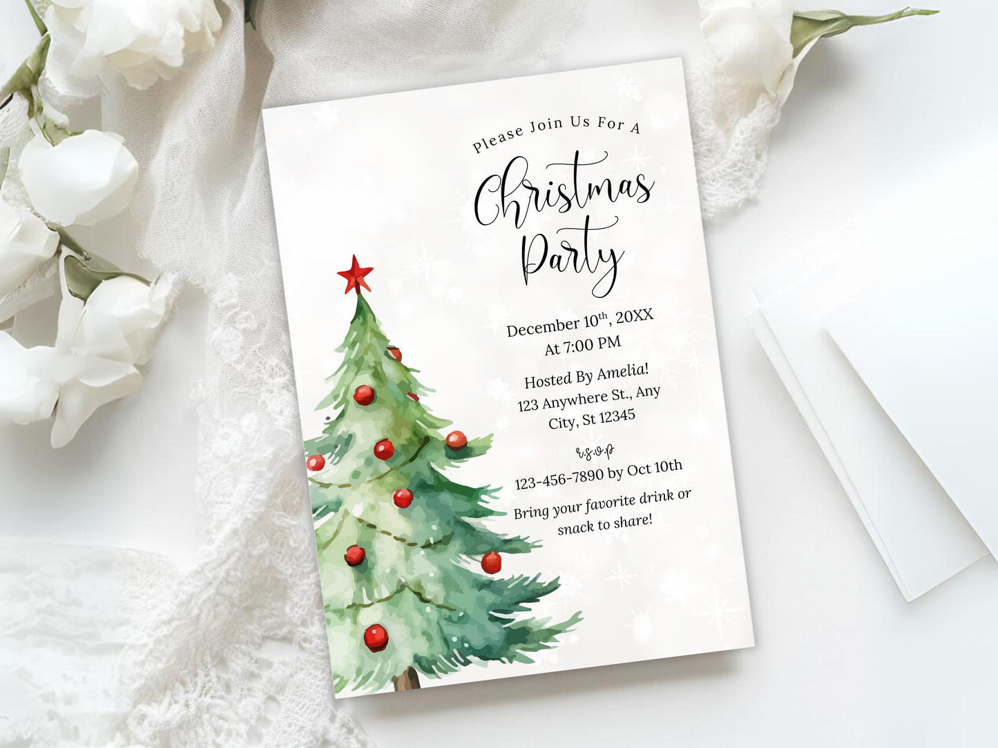 Christmas Party Invitation Template, Christmas Tree Invitation, Holiday, Winter, Editable Canva