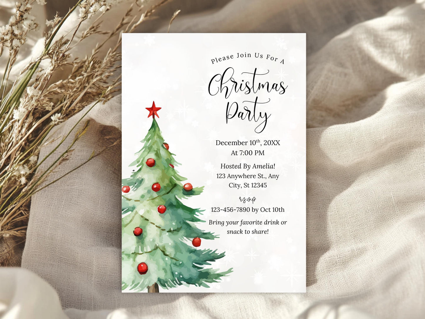 Christmas Party Invitation Template, Christmas Tree Invitation, Holiday, Winter, Editable Canva
