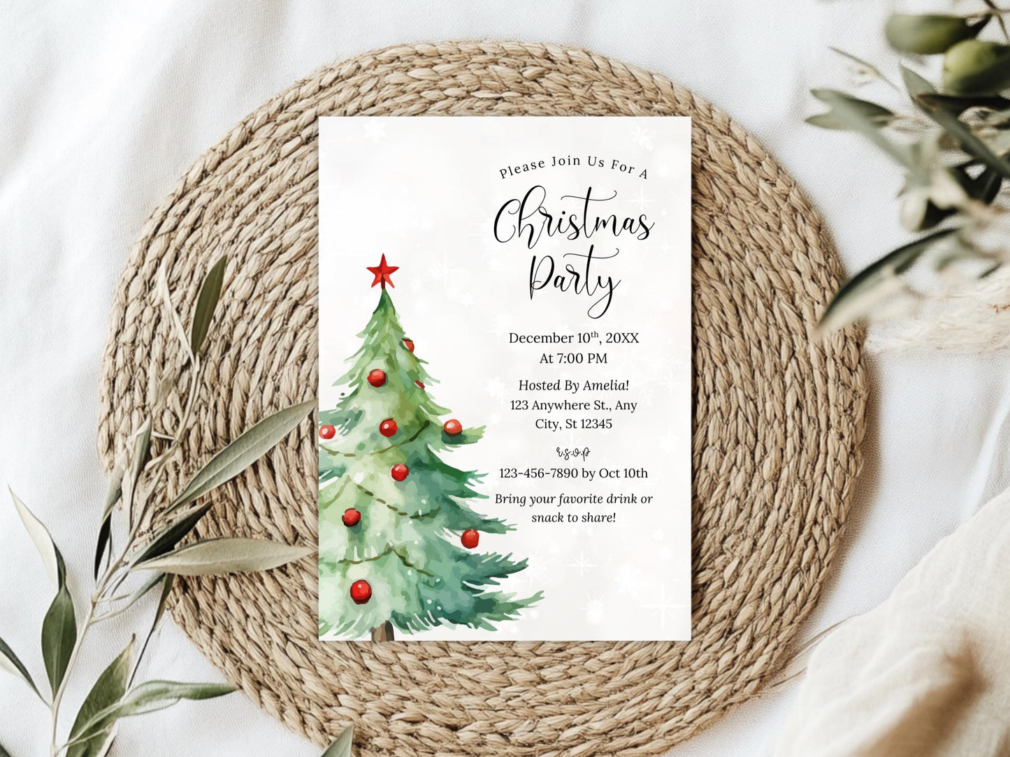 Christmas Party Invitation Template, Christmas Tree Invitation, Holiday, Winter, Editable Canva