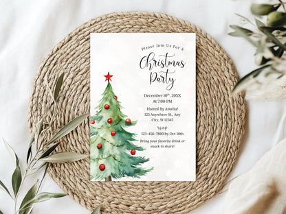 Christmas Party Invitation Template, Christmas Tree Invitation, Holiday, Winter, Editable Canva