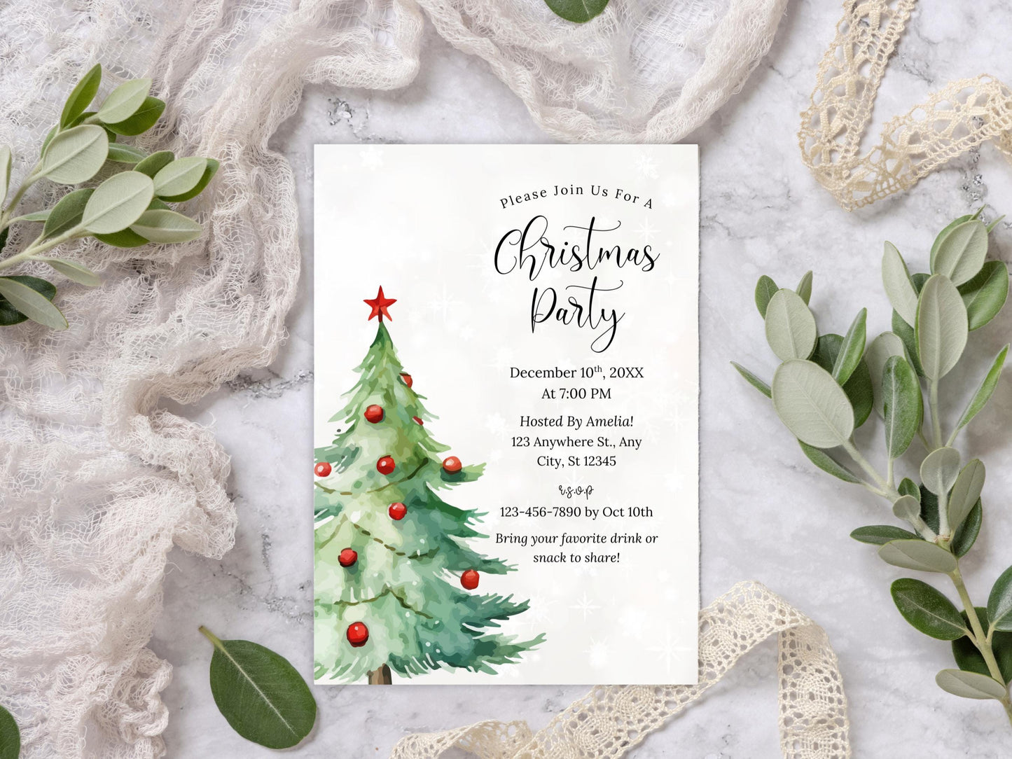 Christmas Party Invitation Template, Christmas Tree Invitation, Holiday, Winter, Editable Canva