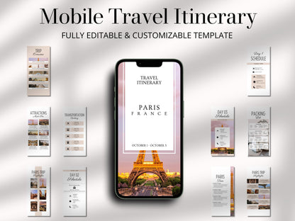 France Travel Itinerary Template | Mobile Trip Planner | Editable Canva Digital Planner