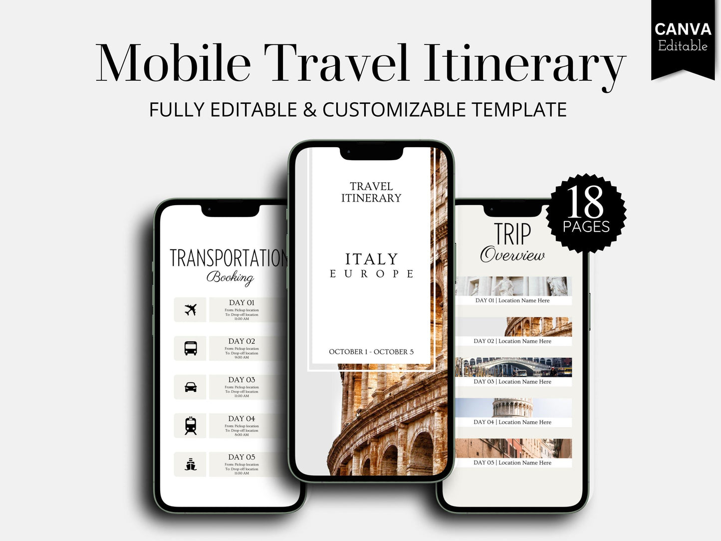 Italy Travel Itinerary Template | Mobile Trip Planner | Editable Canva Digital Planner