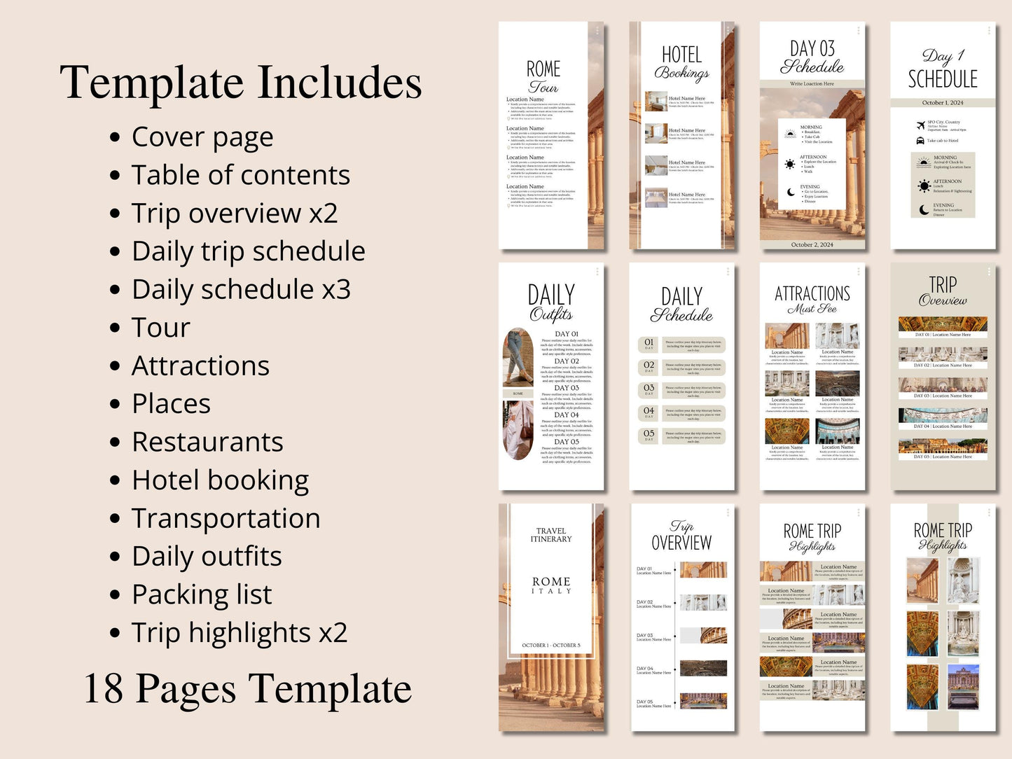 Rome Travel Itinerary Template | Mobile Trip Planner | Editable Canva Digital Planner