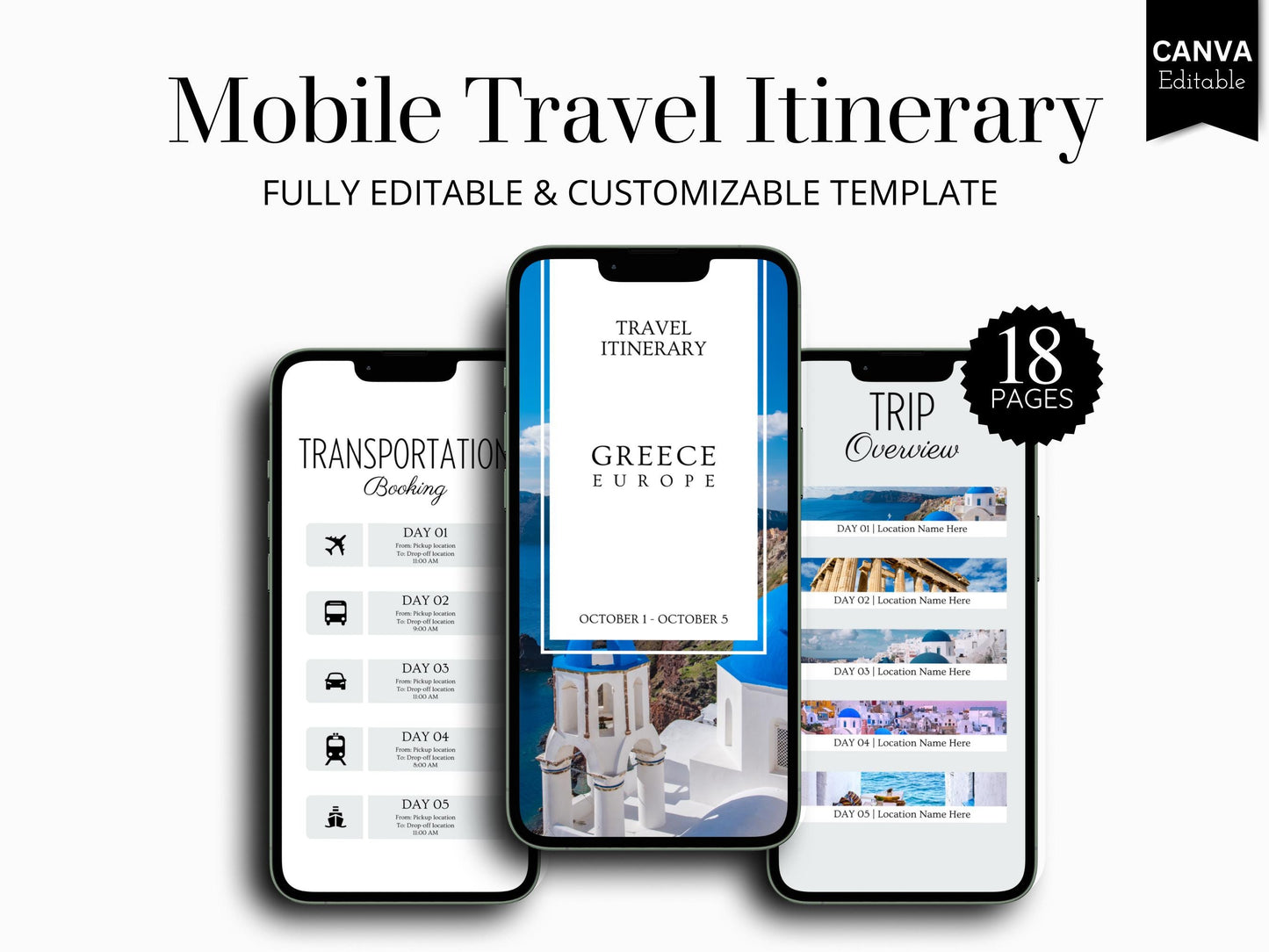 Greece Travel Itinerary Template | Mobile Trip Planner | Editable Canva Digital Planner