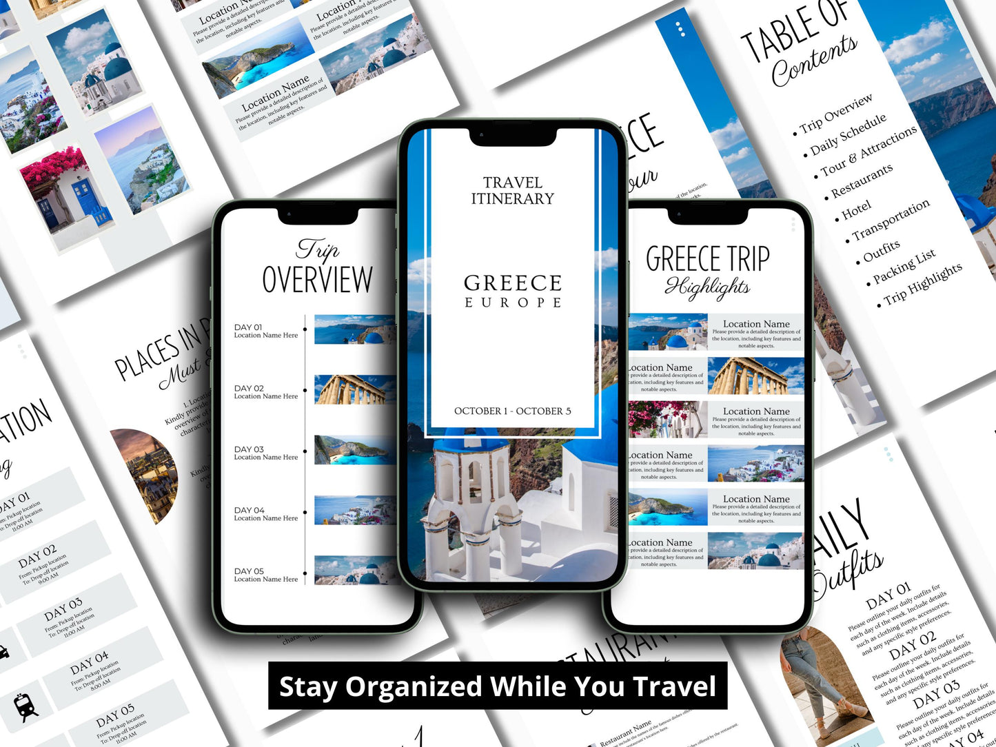 Greece Travel Itinerary Template | Mobile Trip Planner | Editable Canva Digital Planner