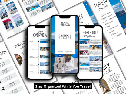 Greece Travel Itinerary Template | Mobile Trip Planner | Editable Canva Digital Planner