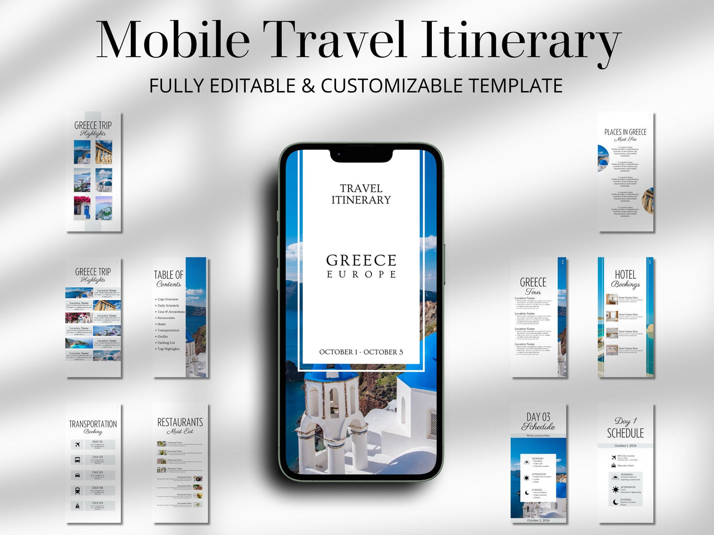 Greece Travel Itinerary Template | Mobile Trip Planner | Editable Canva Digital Planner