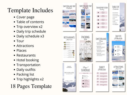 Switzerland Travel Itinerary Template | Mobile Trip Planner | Editable Canva Digital Planner