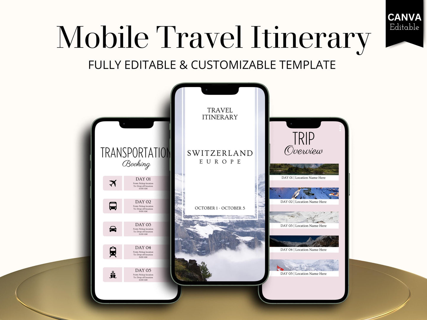 Switzerland Travel Itinerary Template | Mobile Trip Planner | Editable Canva Digital Planner
