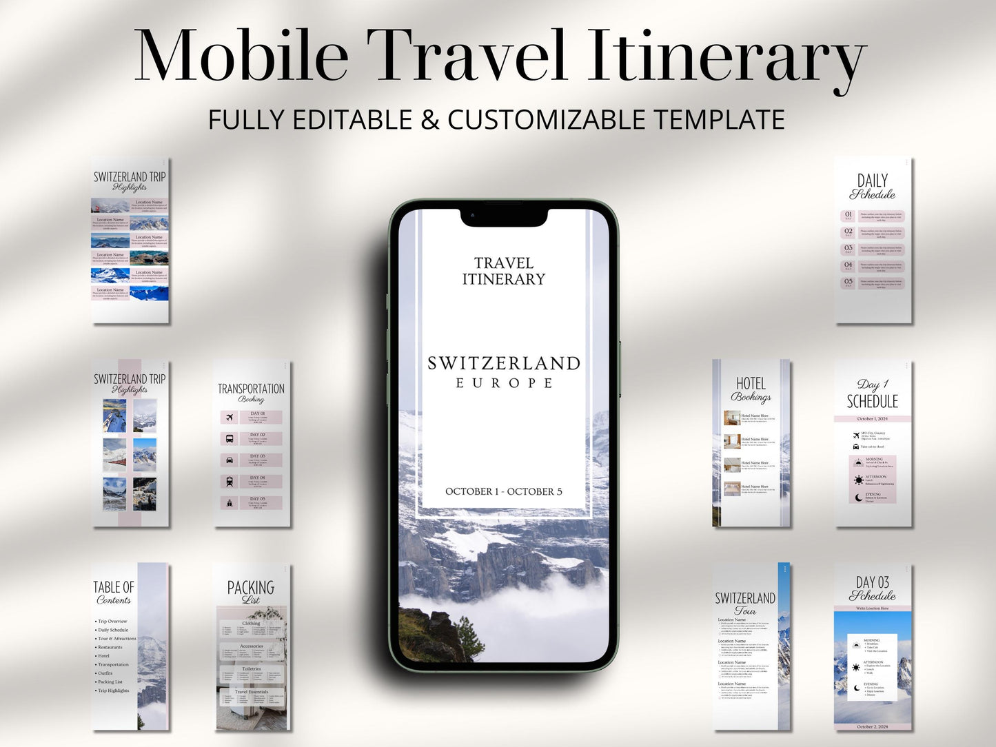 Switzerland Travel Itinerary Template | Mobile Trip Planner | Editable Canva Digital Planner