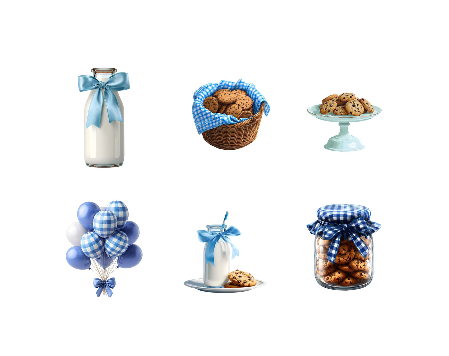 Cliparts „Milch und Kekse“, Kekse-Clipart-Bundle, Geburtstags-Cliparts, Schokoladenkekse-Cliparts, blau-weiß karierte Cliparts, digitaler Download