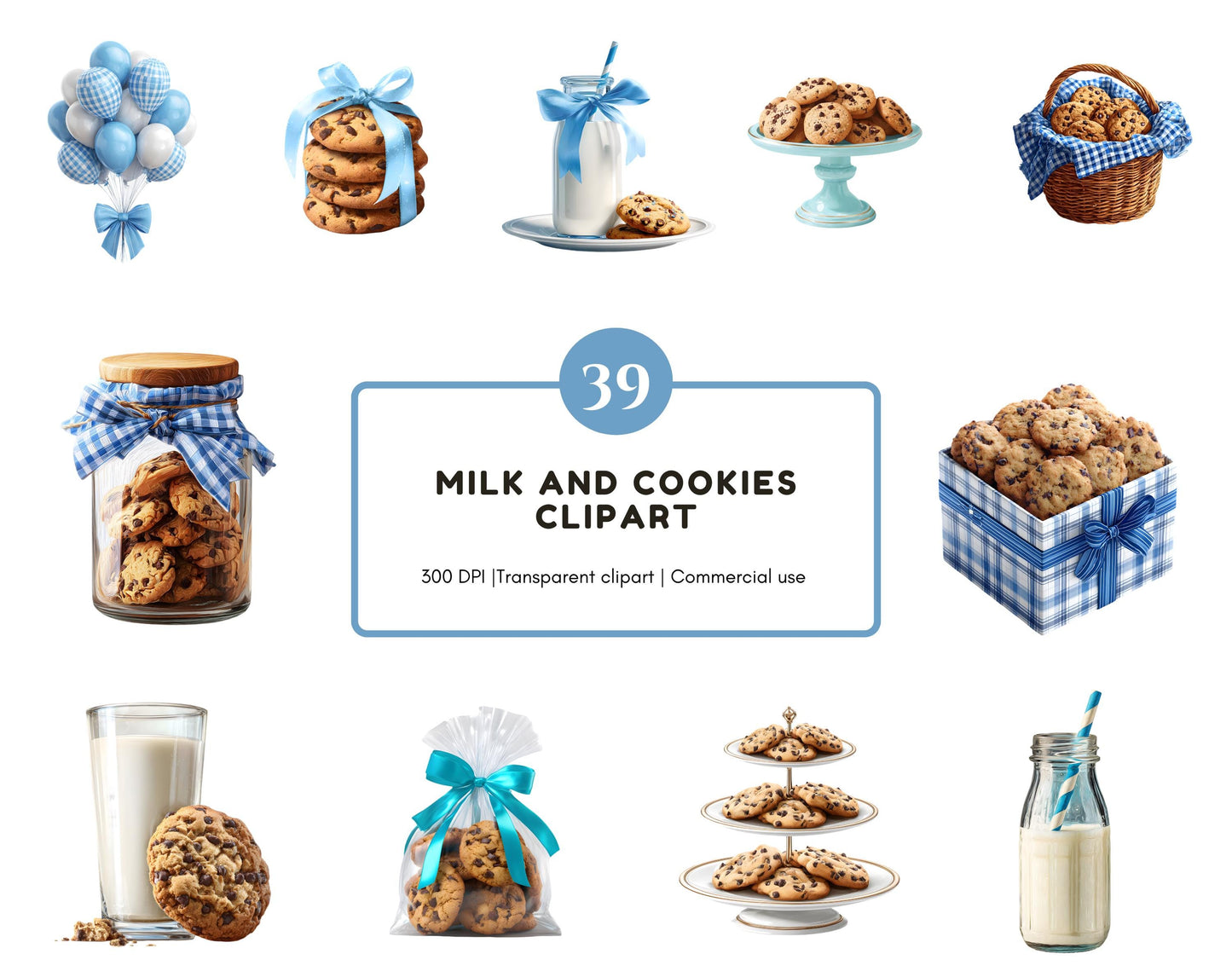 Cliparts „Milch und Kekse“, Kekse-Clipart-Bundle, Geburtstags-Cliparts, Schokoladenkekse-Cliparts, blau-weiß karierte Cliparts, digitaler Download