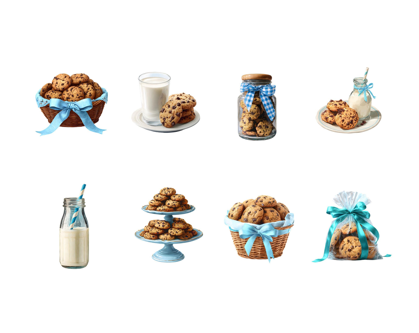 Cliparts „Milch und Kekse“, Kekse-Clipart-Bundle, Geburtstags-Cliparts, Schokoladenkekse-Cliparts, blau-weiß karierte Cliparts, digitaler Download