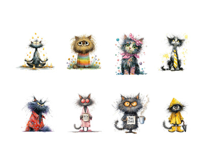 36 Watercolor Quirky Cats Clipart Bundle, Whimsical Cat Clipart, Funny Cat png, Junk Journal, Cat png, Cute Cats Clipart, Digital Download