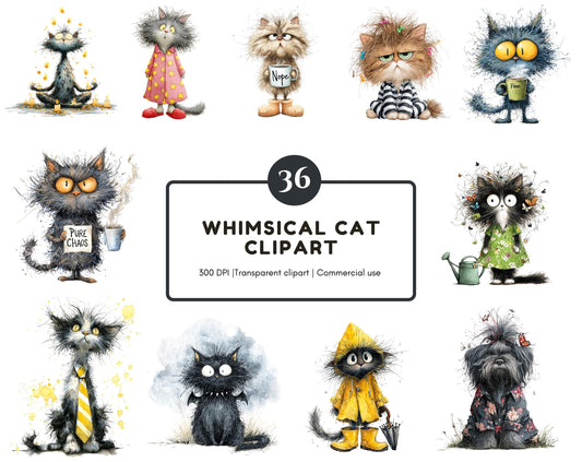 36 Watercolor Quirky Cats Clipart Bundle, Whimsical Cat Clipart, Funny Cat png, Junk Journal, Cat png, Cute Cats Clipart, Digital Download