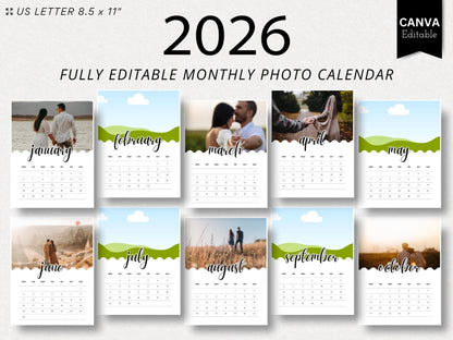 2026 Monthly Photo Calendar Template Custom, Canva Editable Printable, Minimalist Design, Drag & Drop