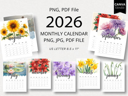 2026 Flower Monthly Calendar | Printable Floral Calendar PDF File