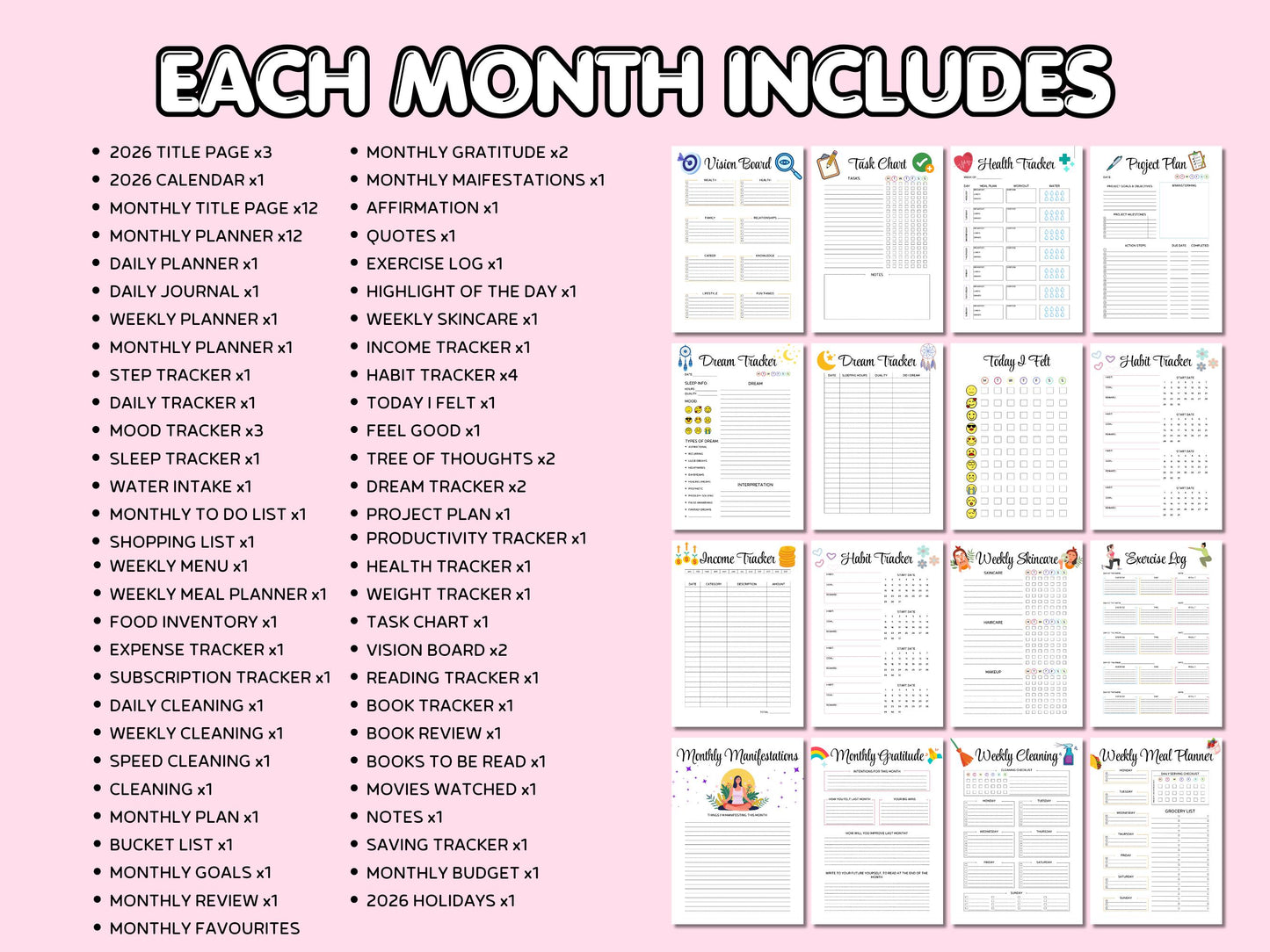 2026 Bullet Journal Premade Planner template with 88 Pages