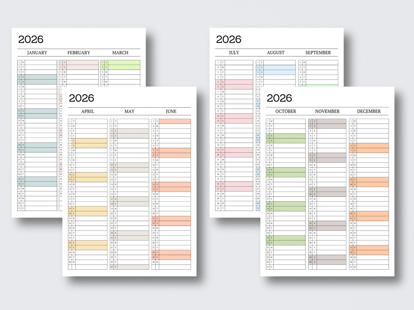 Jahreskalender 2026 zum Ausdrucken | Minimalistischer 12-Monats-Kalender | A4-PDF | Vertikales Monatslayout | Sofort-Download
