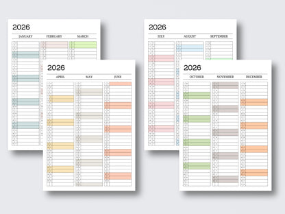 Jahreskalender 2026 zum Ausdrucken | Minimalistischer 12-Monats-Kalender | A4-PDF | Vertikales Monatslayout | Sofort-Download