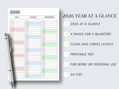 Jahreskalender 2026 zum Ausdrucken | Minimalistischer 12-Monats-Kalender | A4-PDF | Vertikales Monatslayout | Sofort-Download