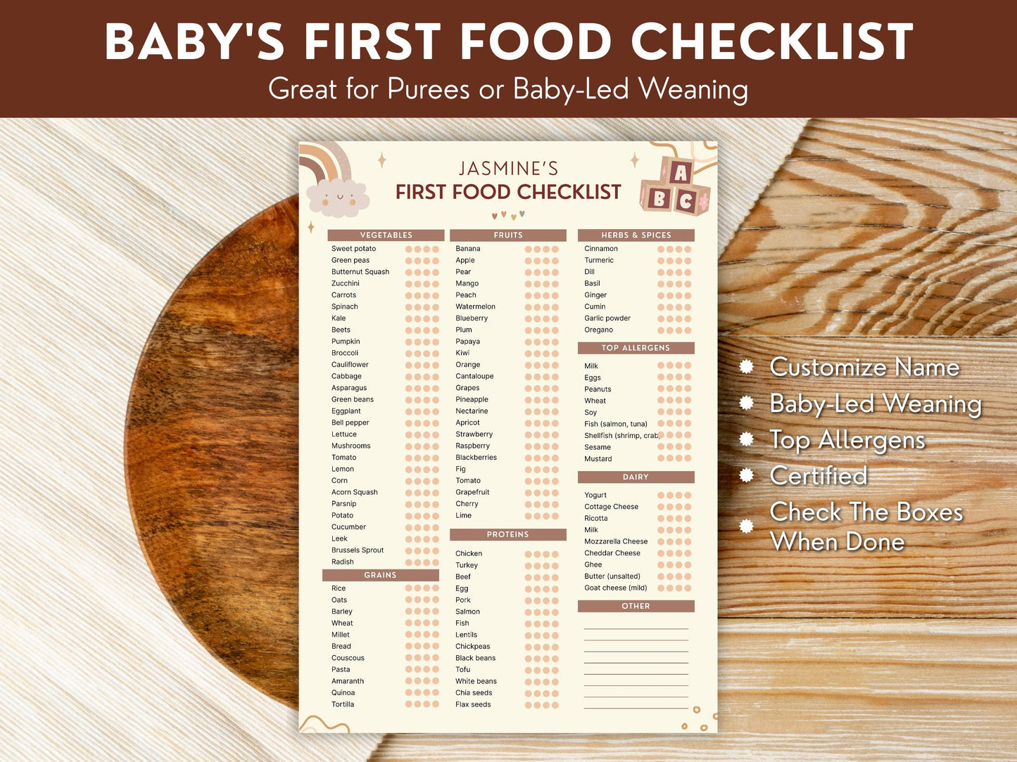 Editable Baby's First Food Checklist, Tracker For Baby's First Solid Food, Baby's First Food Checklist, Food Weaning Chart, Instant Download
