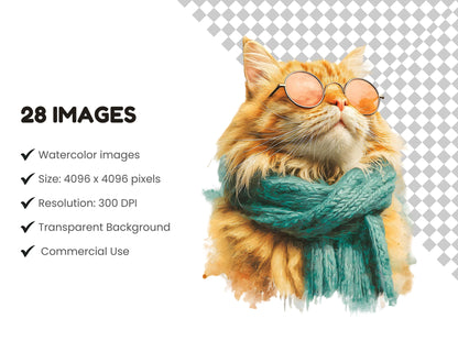 28 Rustic Cats Clipart Bundle, Cool Cats Clipart, Watercolor Rustic Cat Clipart, Printable High Quality png, Paper Craft, Instant Download