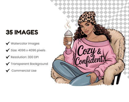 35 Boss Lady Clipart Bundle, Watercolor Boss Lady Clipart, Fashion Woman Clipart, Love Yourself png, Girl Boss Clipart, Black Beauty Clipart