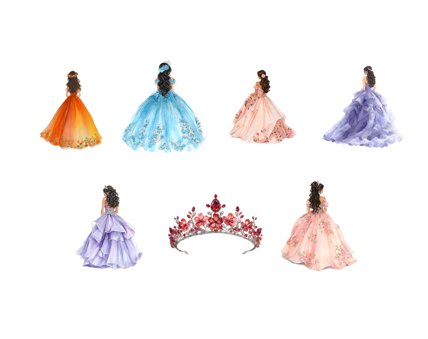 Quinceañera-Clipart-Set, Aquarell-Quinceañera-Clipart-Bundle, Blumen- und Kronen-Clipart, Prinzessinnenkleid-Clipart, Sofort-Download