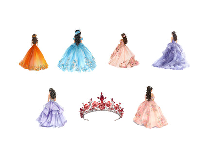 Quinceañera-Clipart-Set, Aquarell-Quinceañera-Clipart-Bundle, Blumen- und Kronen-Clipart, Prinzessinnenkleid-Clipart, Sofort-Download