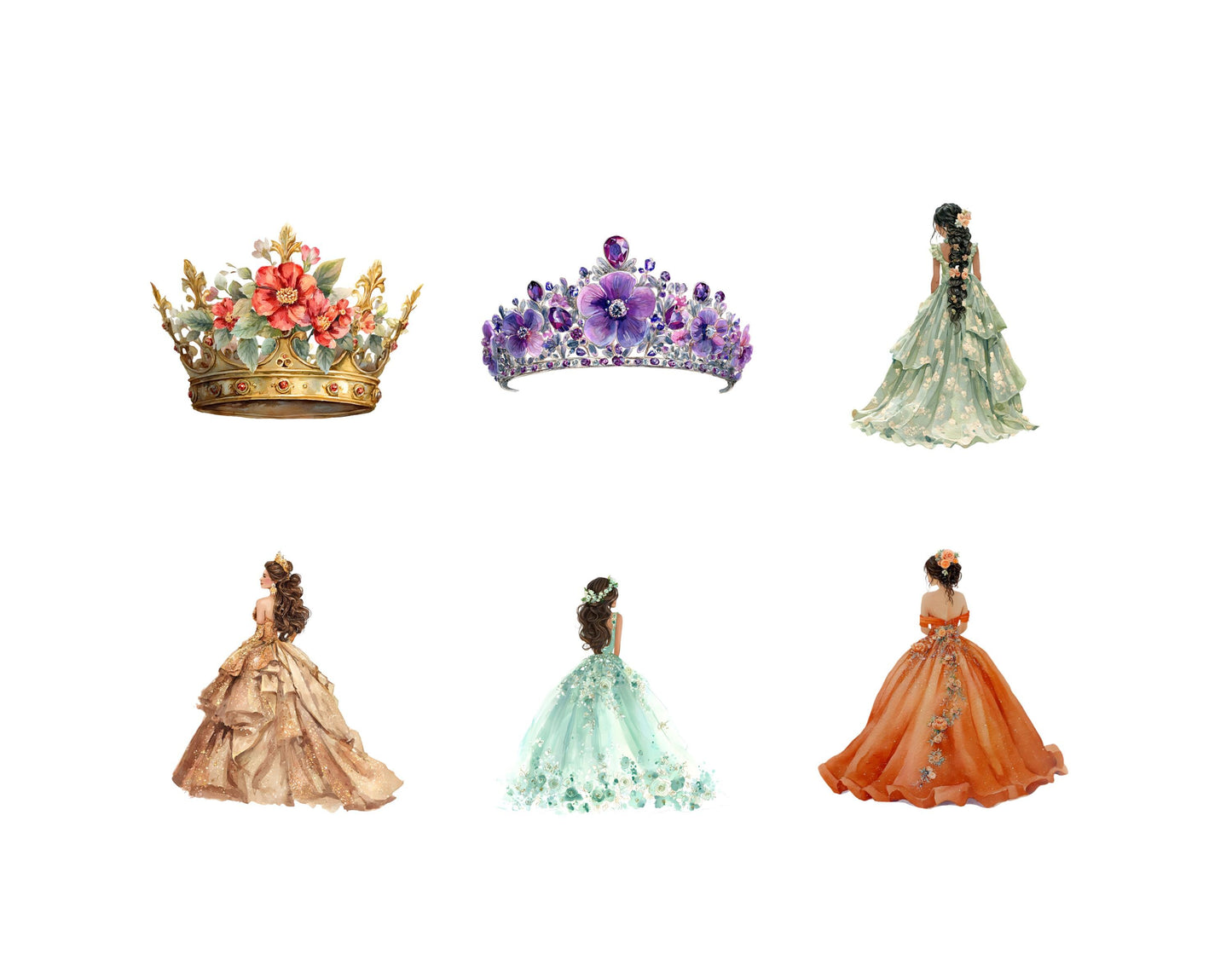 Quinceañera-Clipart-Set, Aquarell-Quinceañera-Clipart-Bundle, Blumen- und Kronen-Clipart, Prinzessinnenkleid-Clipart, Sofort-Download