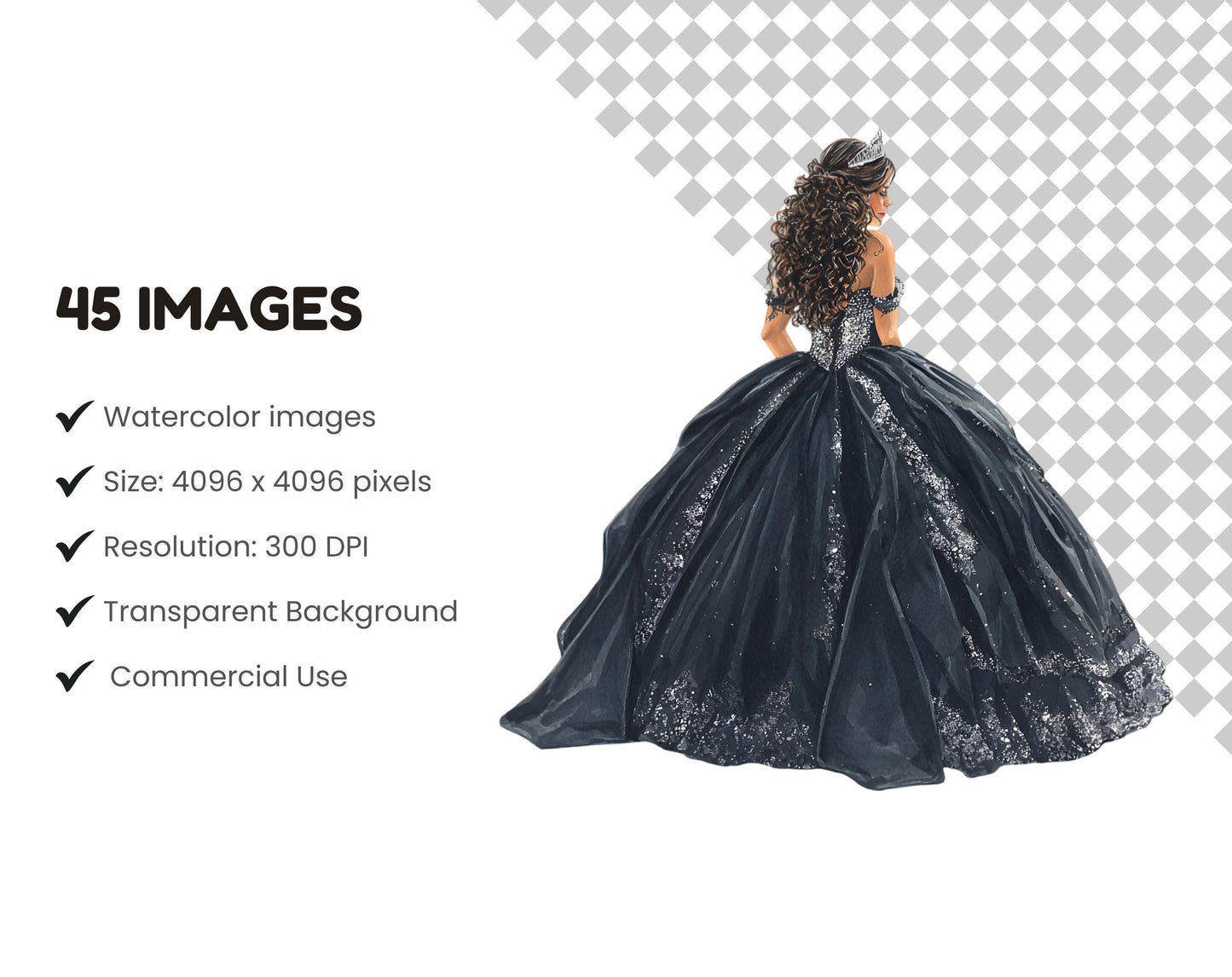 Quinceañera-Clipart-Set, Aquarell-Quinceañera-Clipart-Bundle, Blumen- und Kronen-Clipart, Prinzessinnenkleid-Clipart, Sofort-Download