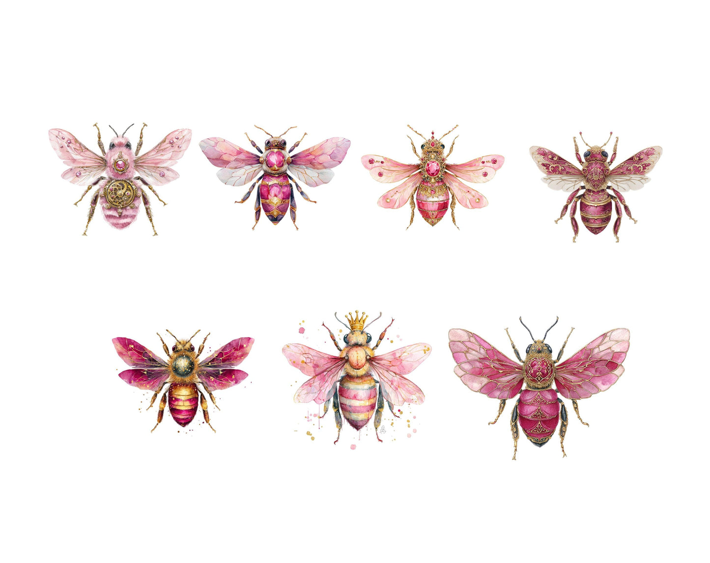 Pink Honey Bee Clipart Bundle, Watercolor Fantasy Pink Honey Bee png, Insect Clipart, Nature Clipart, Cute Bee Clipart, Digital Download