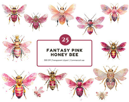 Pink Honey Bee Clipart Bundle, Watercolor Fantasy Pink Honey Bee png, Insect Clipart, Nature Clipart, Cute Bee Clipart, Digital Download
