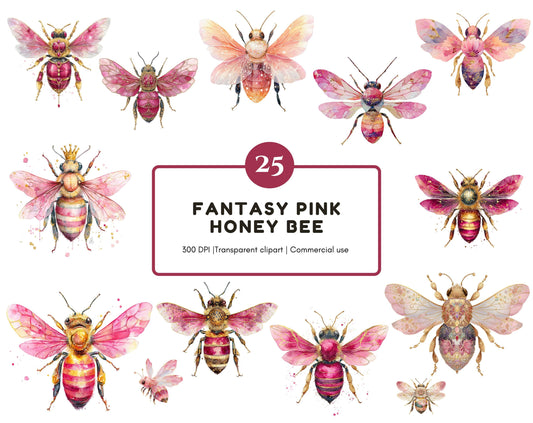 Pink Honey Bee Clipart Bundle, Watercolor Fantasy Pink Honey Bee png, Insect Clipart, Nature Clipart, Cute Bee Clipart, Digital Download