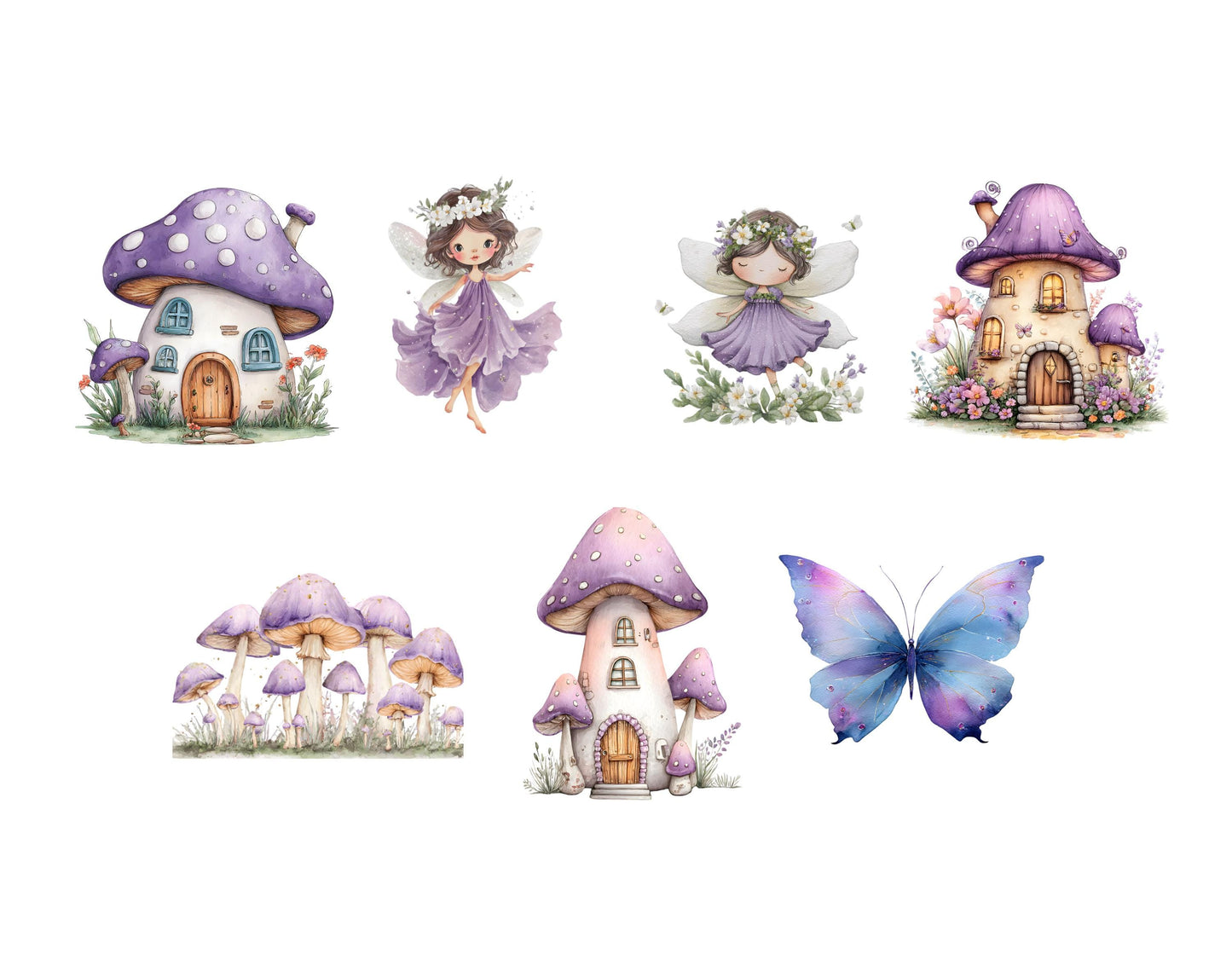 Watercolor Purple Fairies Clipart Bundle, Magical Garden Purple Fairies Clipart, Magical Forest Fairy png, Fairytale Fantasy Fairy House