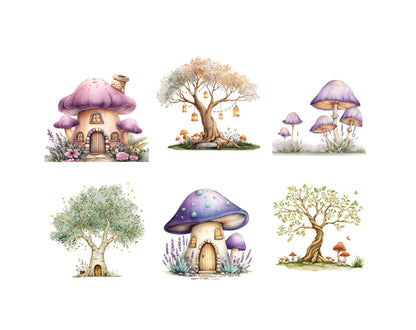 Watercolor Purple Fairies Clipart Bundle, Magical Garden Purple Fairies Clipart, Magical Forest Fairy png, Fairytale Fantasy Fairy House