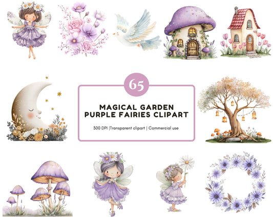 Watercolor Purple Fairies Clipart Bundle, Magical Garden Purple Fairies Clipart, Magical Forest Fairy png, Fairytale Fantasy Fairy House