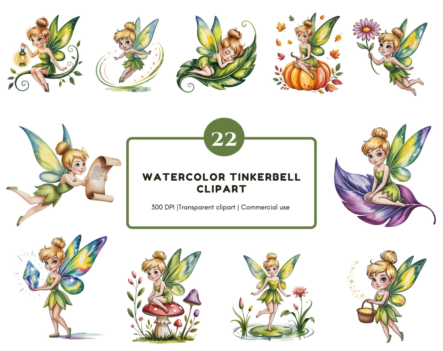 Watercolor Tinkerbell Clipart Bundle, Tinkerbell png, Cute Princess Tinkerbell Clipart, Cute Fairy Clipart, Commercial Use, Digital Download